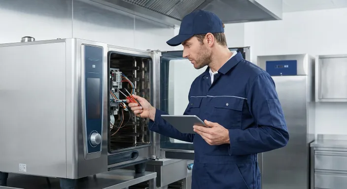 Technician inspecting oven components